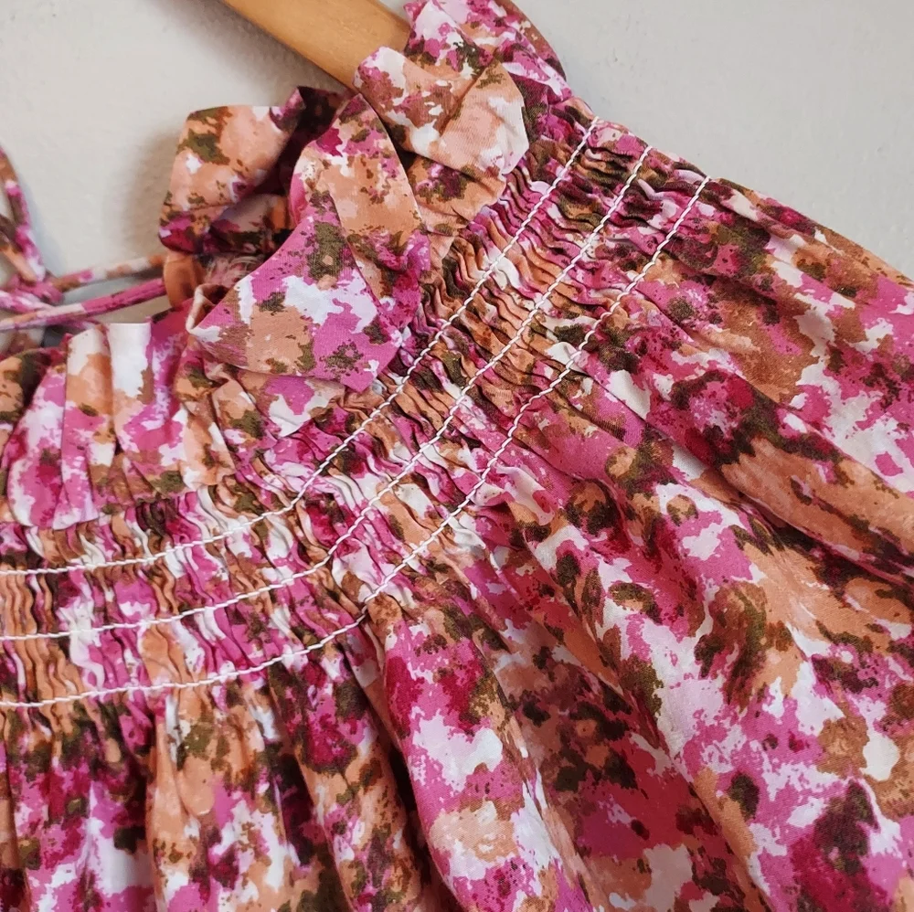 J. Crew Medium Smocked Floral Short Puff Sleeve Pink Floral Blouse Tie Back
